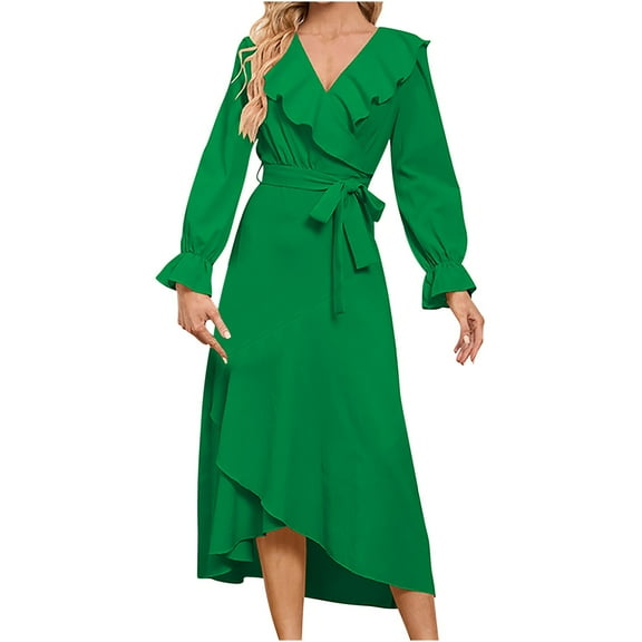 Busydd Womens Fall Dresses Fashion V Neck Maxi Dress Solid Color Long Sleeve Dress Pleated Tunic Cocktail Dress Flowy Ruffle Wedding Guest Dress Casual Tie Waist Homecoming Dresses