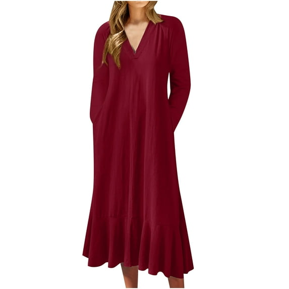Busydd Womens Fall Dresses Solid Color Long Sleeve Homecoming Dresses V Neck Wedding Guest Dresses for Women Casual Loose Maxi Dress Plus Size Dresses for Curvy Women S-5XL