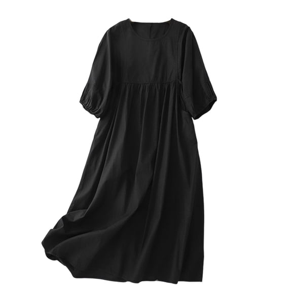 Busydd Womens Fall Dresses Solid Color Short Sleeve Dress for Women Fashion Round Neck Women's Casual Dresses Flowy Cotton Linen Long Dress 2XL