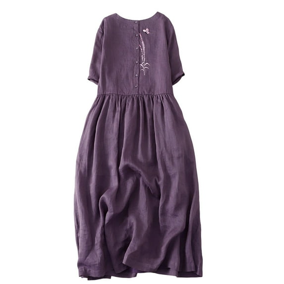 Busydd Womens Fall Dresses Solid Color Short Sleeve Dress for Women Fashion Round Neck Women's Casual Dresses Flowy Cotton Linen Long Dress 2XL