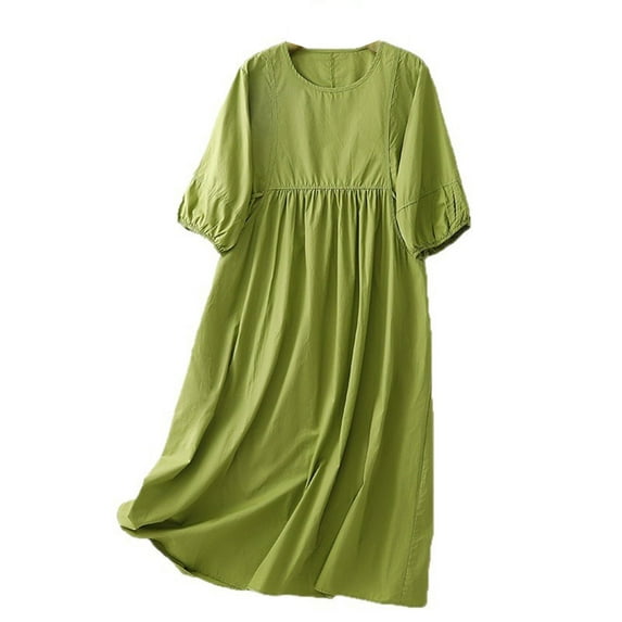 Busydd Womens Fall Dresses Solid Color Short Sleeve Dress for Women Fashion Round Neck Women's Casual Dresses Flowy Cotton Linen Long Dress M