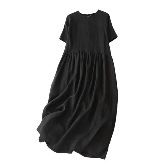 Busydd Womens Fall Dresses Solid Color Short Sleeve Dress for Women Fashion Round Neck Women's Casual Dresses Flowy Cotton Linen Long Dress M