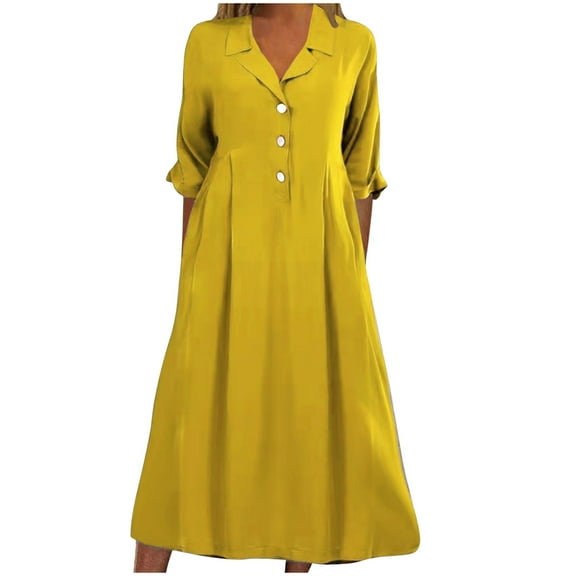 Busydd Womens Fall Dresses Turndown Collar 1/2 Sleeve Maxi Dress Fashion Elegant Solid Color Homecoming Dresses Casual Flowy V Neck Button Up Cocktail Dress