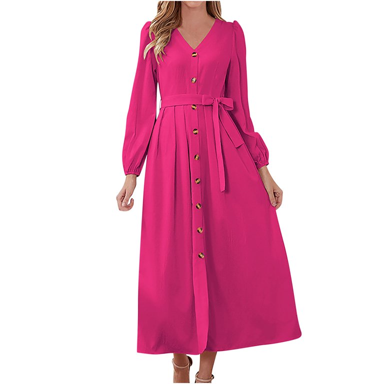 Busydd Womens Fall Dresses V Neck Cocktail Dress Fashion Button Down  Homecoming Dresses Solid Color Tunic Wedding Guest Dress Bow Tie Maxi Dress  Casual Flowy Long Sleeve Dress - Walmart.com