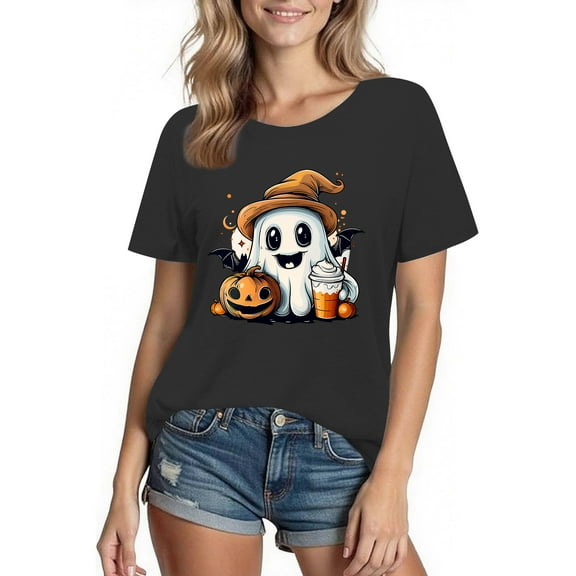 Busydd Womens Fall Tops Trendy Halloween Graphic Tees for Women Casual Round Neck Going Out Tops Summer Comfortable Short Sleeve Cotton T Shirts S