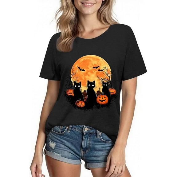 Busydd Womens Fall Tops Trendy Round Neck Halloween Graphic Tees for Women Comfortable Casual Cotton T Shirts for Women Short Sleeve Womens T Shirts S