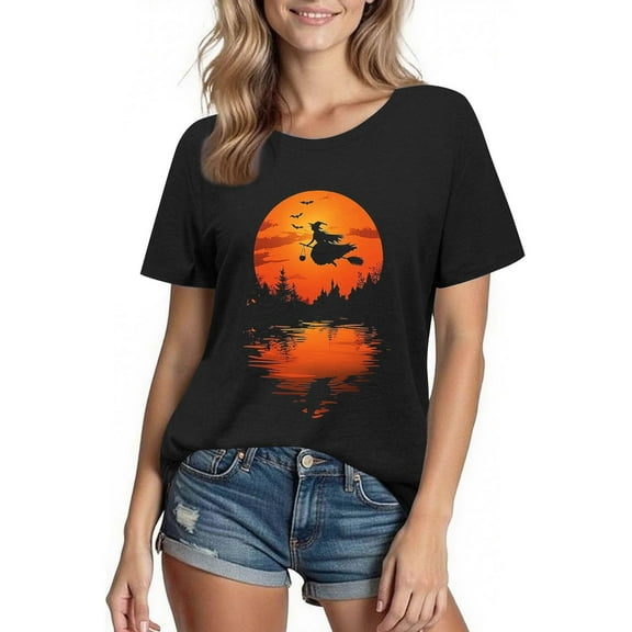 Busydd Womens Fall Tops Trendy Round Neck Halloween Graphic Tees for Women Comfortable Casual Cotton T Shirts for Women Short Sleeve Womens T Shirts XXL