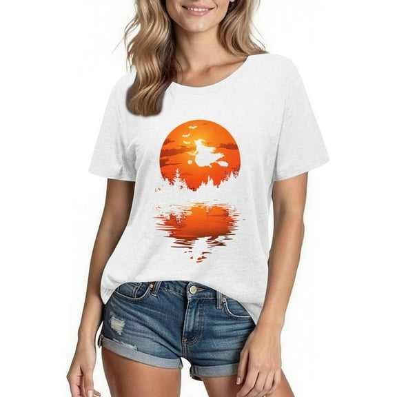 Busydd Womens Fall Tops Trendy Round Neck Halloween Graphic Tees for Women Comfortable Casual Cotton T Shirts for Women Lightweight Short Sleeve Womens T Shirts XL