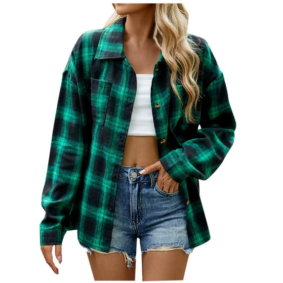 Busydd Womens Flannel Plaid Shacket Jacket Fashion Casual Work Turndown Collar Fall Jackets Plaid Button Down Long Sleeve Shirts Blouses Trendy Lightweight Tops Jackets with Pockets