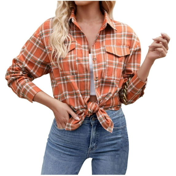 Busydd Womens Flannel Plaid Shacket Jacket Fashion Casual Work Turndown Collar Fall Jackets Plaid Button Down Long Sleeve Shirts Blouses Trendy Lightweight Tops Jackets with Pockets