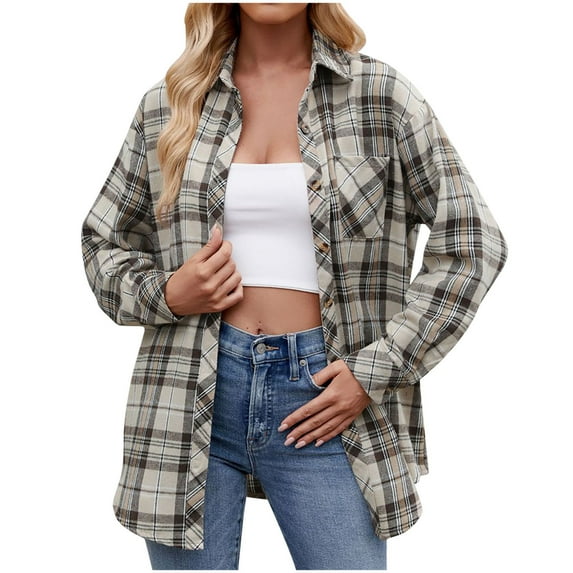 Busydd Womens Flannel Plaid Shacket Jacket Fashion Casual Work Turndown Collar Fall Jackets Plaid Button Down Long Sleeve Shirts Blouses Trendy Lightweight Tops Jackets with Pockets
