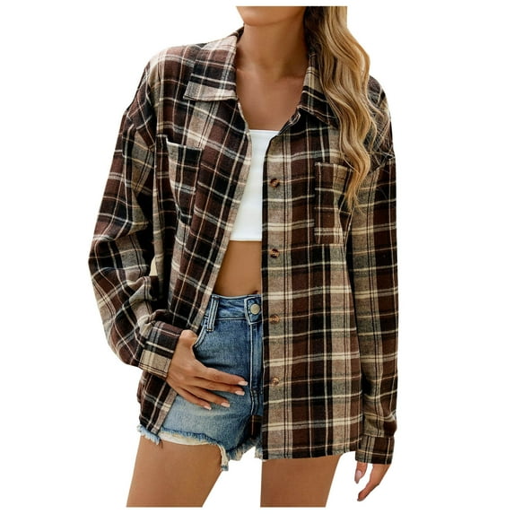 Busydd Womens Flannel Plaid Shacket Jacket Fashion Casual Work Turndown Collar Fall Jackets Plaid Button Down Long Sleeve Shirts Blouses Trendy Lightweight Tops Jackets with Pockets
