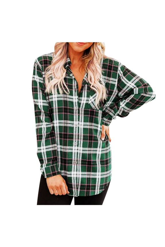 Womens Flannel Plaid Shacket Jacket Fashion Turndown Collar Long Sleeve Shirts for Women Casual Lightweight Fall Jackets Button Down Blouses Coats Cardigans with Pockets