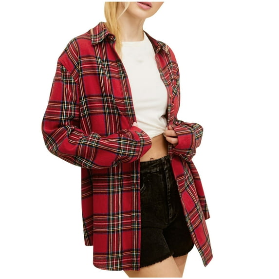 Busydd Womens Flannel Plaid Shacket Jacket Fashion Turndown Collar Long Sleeve Shirts for Women Casual Lightweight Fall Jackets Button Down Blouses Coats Cardigans with Pockets