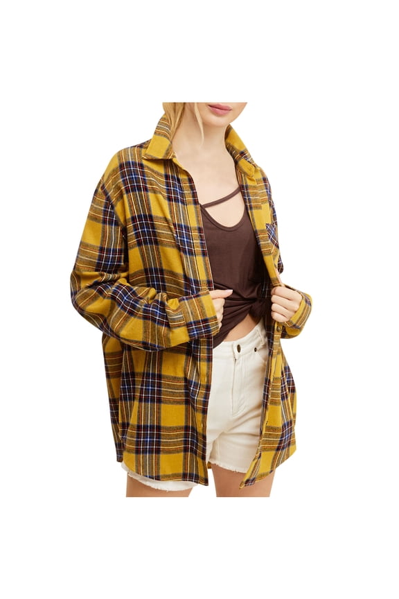 Womens Flannel Plaid Shacket Jacket Fashion Turndown Collar Long Sleeve Shirts for Women Casual Lightweight Fall Jackets Button Down Blouses Coats Cardigans with Pockets