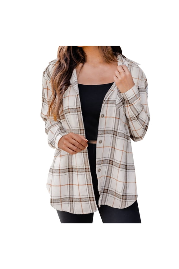 Womens Flannel Plaid Shacket Jacket Fashion Turndown Collar Long Sleeve Shirts for Women Casual Lightweight Fall Jackets Button Down Blouses Coats Cardigans with Pockets