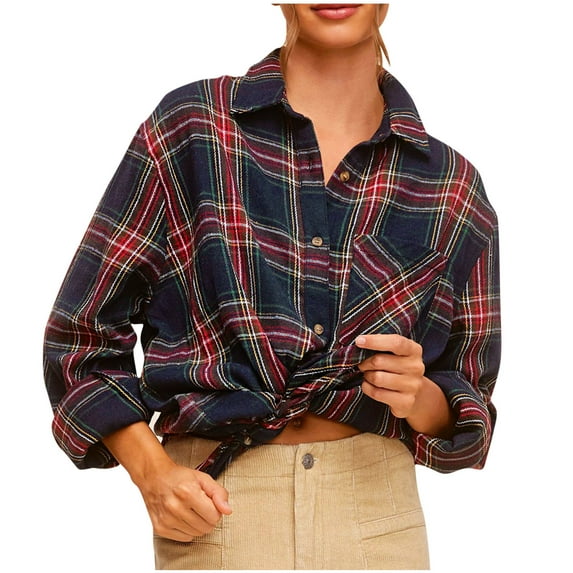 Busydd Womens Flannel Plaid Shacket Jacket Fashion Turndown Collar Long Sleeve Shirts for Women Casual Lightweight Fall Jackets Button Down Blouses Coats Cardigans with Pockets