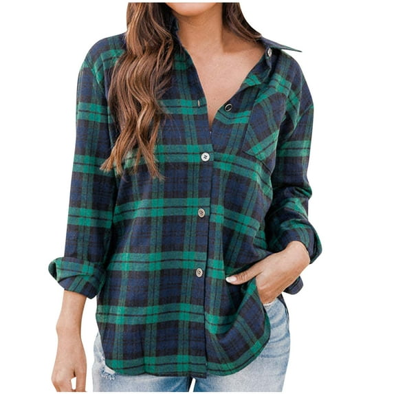 Busydd Womens Flannel Plaid Shacket Jacket Fashion Turndown Collar Long Sleeve Shirts for Women Casual Lightweight Fall Jackets Button Down Blouses Coats Cardigans with Pockets