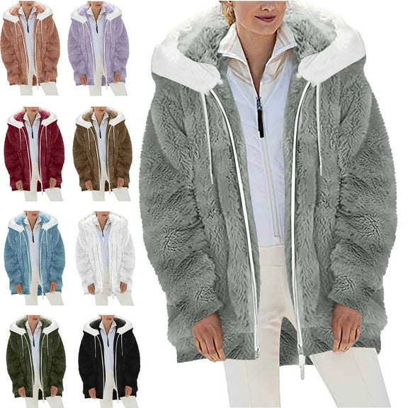 Busydd Womens Fleece Jacket Solid Color Long Sleeve Womens Winter Coat Casual Warm Hooded Womens Fleece Zip Up Jacket with Pockets M