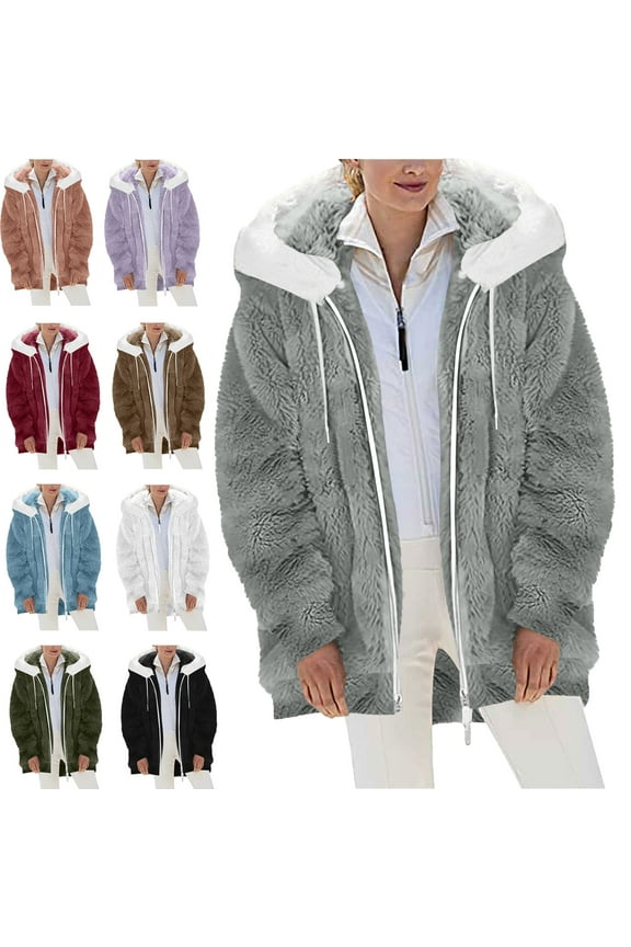 Womens Fleece Jacket Solid Color Long Sleeve Womens Winter Coat Casual Warm Hooded Womens Fleece Zip Up Jacket with Pockets S