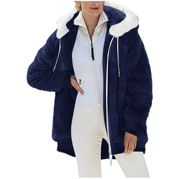Busydd Womens Fleece Jacket Solid Color Long Sleeve Womens Winter Coat Casual Warm Hooded Womens Fleece Zip Up Jacket with Pockets S