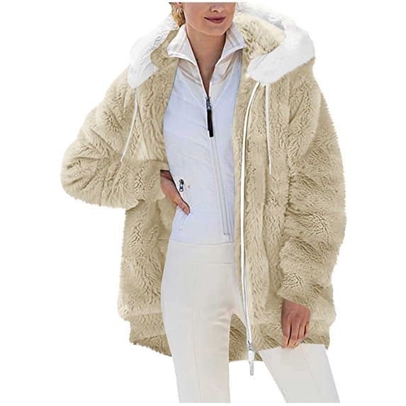 Busydd Womens Fleece Jacket Solid Color Long Sleeve Womens Winter Coat Casual Warm Hooded Womens Fleece Zip Up Jacket with Pockets XL