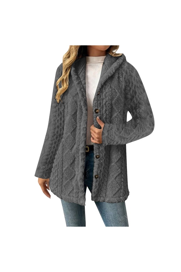 Womens Fleece Jacket Solid Color Warm Winter Jackets for Women Comfy Long Sleeve Button Hooded Cardigan for Women 4XL