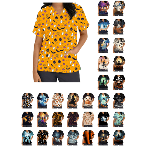 Busydd Womens Halloween Scrub Tops Trendy Oversized Print V Neck Scrubs Tops Plus Size Short Sleeve Uniform Tops with Pocket M