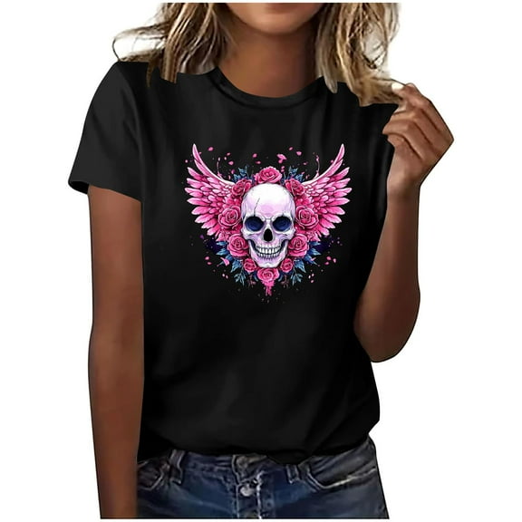 Busydd Womens Halloween Tops Comfortable Cotton Tshirts Shirts for Women Short Sleeve Graphic Tees for Women Casual Round Neck Womens Fall Tops M