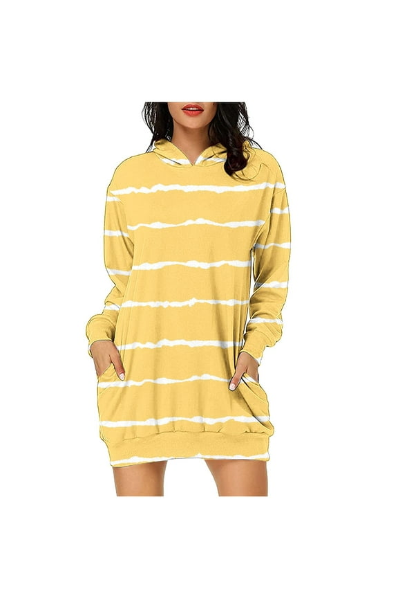 Womens Hooded Dresses Trendy Striped Print Hooded Sweatshirt Dresses Fashion Loose Fall Long Sleeve Mini Dress Casual Hoodies with Pockets