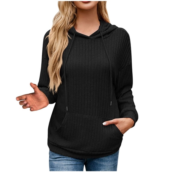 Busydd Womens Hooded Sweatshirt Fashion Loose Solid Color Knit Ribbed Long Sleeve Shirts for Women Casual Half Hood Half Holy Sweatshirt Drawstring Basic Hoodie Pullover Tops with Pockets