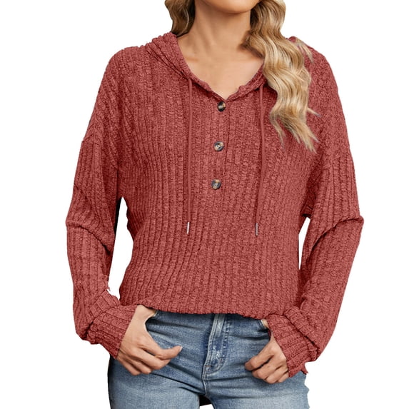 Busydd Womens Hooded Sweatshirt Fashion Loose Solid Color Knit Ribbed Long Sleeve Shirts for Women Casual Half Hood Half Holy Sweatshirt Drawstring Button Basic Hoodie Pullover Tops