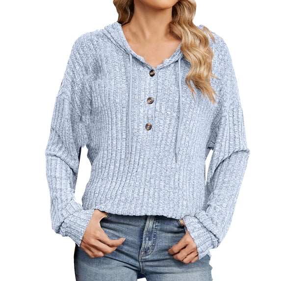 Busydd Womens Hooded Sweatshirt Fashion Loose Solid Color Knit Ribbed Long Sleeve Shirts for Women Casual Half Hood Half Holy Sweatshirt Drawstring Button Basic Hoodie Pullover Tops