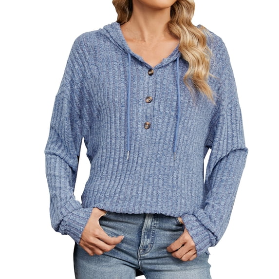 Busydd Womens Hooded Sweatshirt Fashion Loose Solid Color Knit Ribbed Long Sleeve Shirts for Women Casual Half Hood Half Holy Sweatshirt Drawstring Button Basic Hoodie Pullover Tops