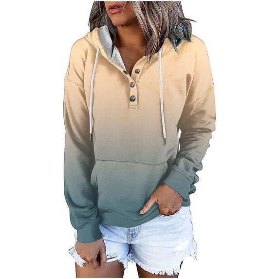 Busydd Womens Hoodie Fashion Gradient Hoodies Casual Long Sleeve Fleece Sweatshirt Loose Comfort Button Drawstring Pullover Tops with Pocket
