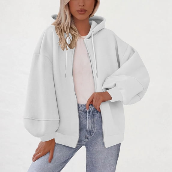 Busydd Womens Hoodies Casual Solid Color Zip Up Hoodie Comfortable Loose Long Sleeve Drawstring Fall Jackets for Women with Pockets 2XL