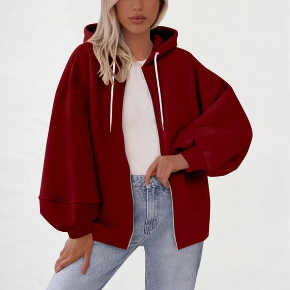 Busydd Womens Hoodies Casual Solid Color Zip Up Hoodie Comfortable Loose Long Sleeve Drawstring Fall Jackets for Women with Pockets S