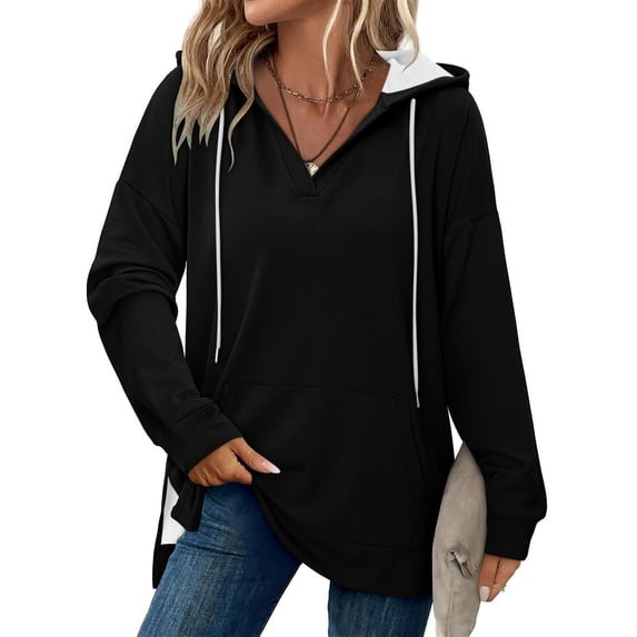 Busydd Womens Hoodies Fashion Solid Color Long Sleeve Tops for Women Casual Comfy Slit Hoodies for Women with Pocket and Drawstring L