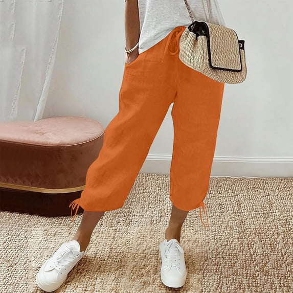 Busydd Womens Linen Pants Solid Color Calf-Length Drawstring Pants Women Casual Beach Vacation Elastic Waist Capris with Pockets 2XL