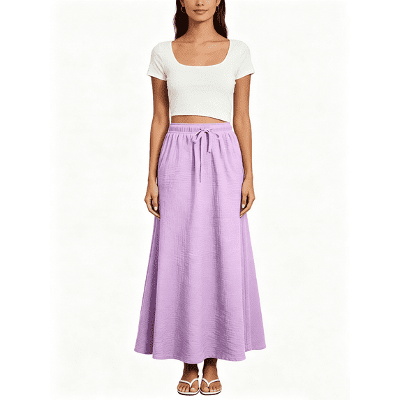 Busydd Womens Linen Skirt Casual Flowy Adjustable Waisted Maxi Skirt Fashion Solid Color Drawstring Long Skirts for Women with Pockets S
