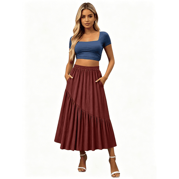 Busydd Womens Linen Skirt with Pockets Fashion Tiered Pleated Long Skirts Casual Elastic Waist Solid Color Flowy Skirts 2XL