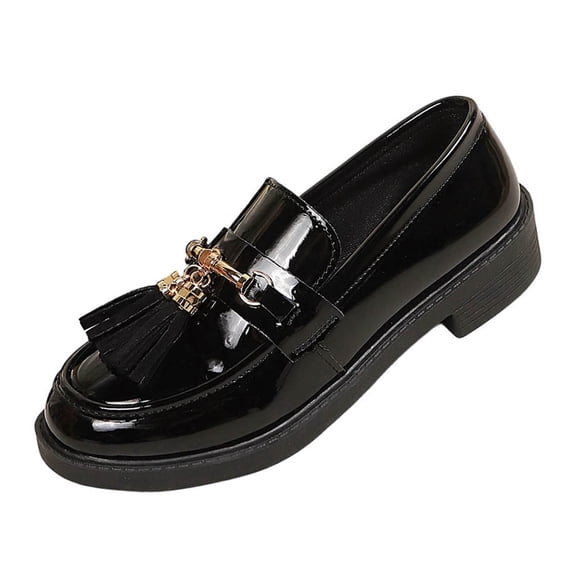 Busydd Womens Loafers Fashion Fringe Tassel Metal Decoration Glossy Dress Shoes Comfortable Round Toe Low Heel Slip On Shoes for Daily Wear