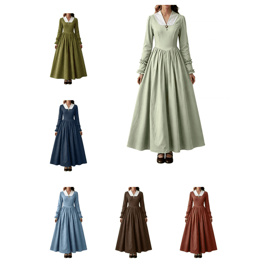 Busydd Womens Long Sleeve Medieval Dress Vintage V Neck Lace Up Renaissance Dress Fashion Solid Color A Line Maxi Dress S