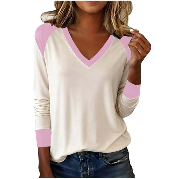 Busydd Womens Long Sleeve Tops Casual Versatile V Neck T Shirts for Women Trendy Colorblock Going Out Tops for Women 2XL
