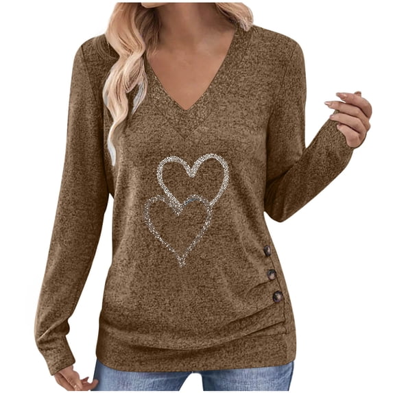 Busydd Womens Long Sleeve Tops Trendy Love Heart V Neck T Shirts for Women Dressy Casual Versatile Going Out Tops for Women M