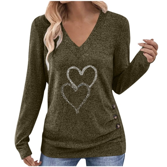 Busydd Womens Long Sleeve Tops Trendy Love Heart V Neck T Shirts for Women Dressy Casual Versatile Going Out Tops for Women M