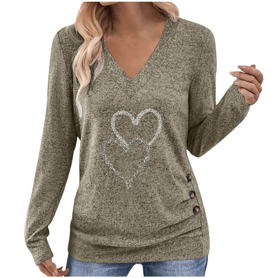 Busydd Womens Long Sleeve Tops Trendy Love Heart V Neck T Shirts for Women Dressy Casual Versatile Going Out Tops for Women S