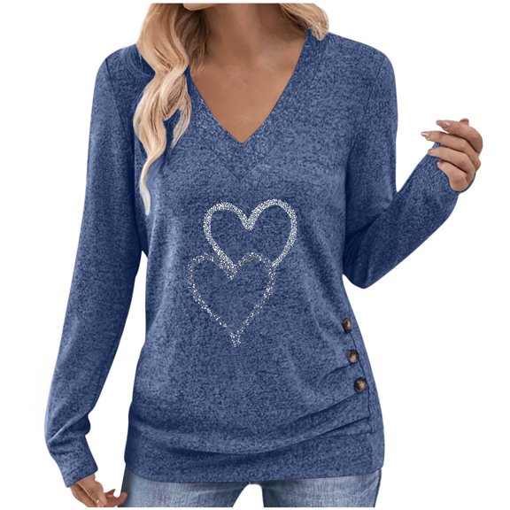 Busydd Womens Long Sleeve Tops Trendy Love Heart V Neck T Shirts for Women Dressy Casual Versatile Going Out Tops for Women XL