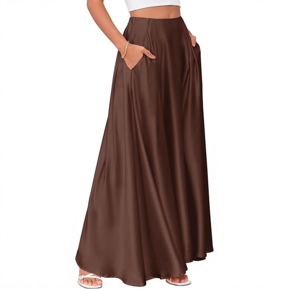 Busydd Womens Maxi Skirt Trendy Comfortable Solid Color Satin Skirt Casual Elastic Waist Long Skirts with Pockets M