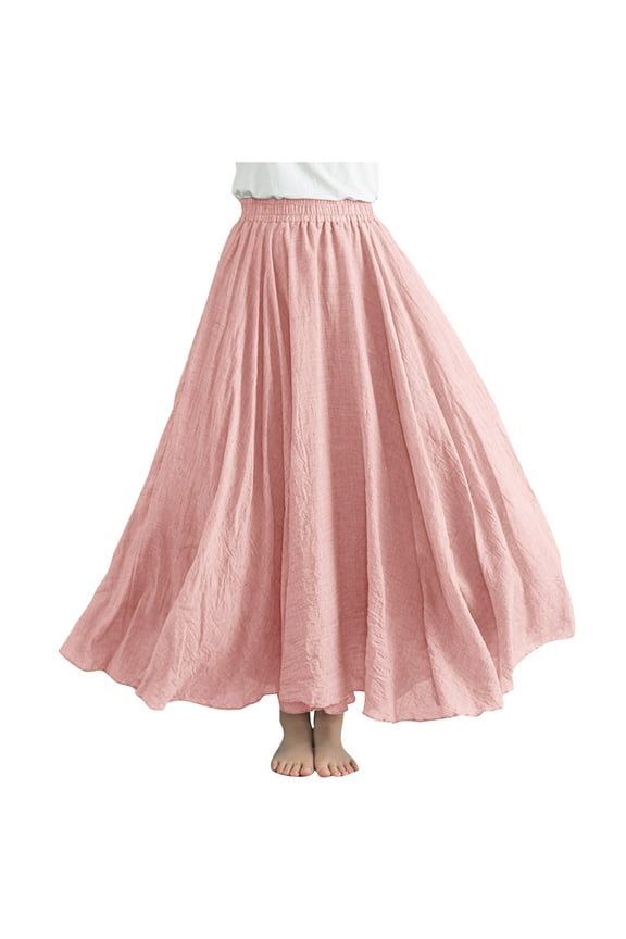 Womens Maxi Skirt Trendy Elastic Waist Boho Long Skirts for Women Casual Vacation Solid Color Womens Skirts Flowy A-Line Ankle-Length Summer Skirts Free Size: Waist: 25.20-37.01''